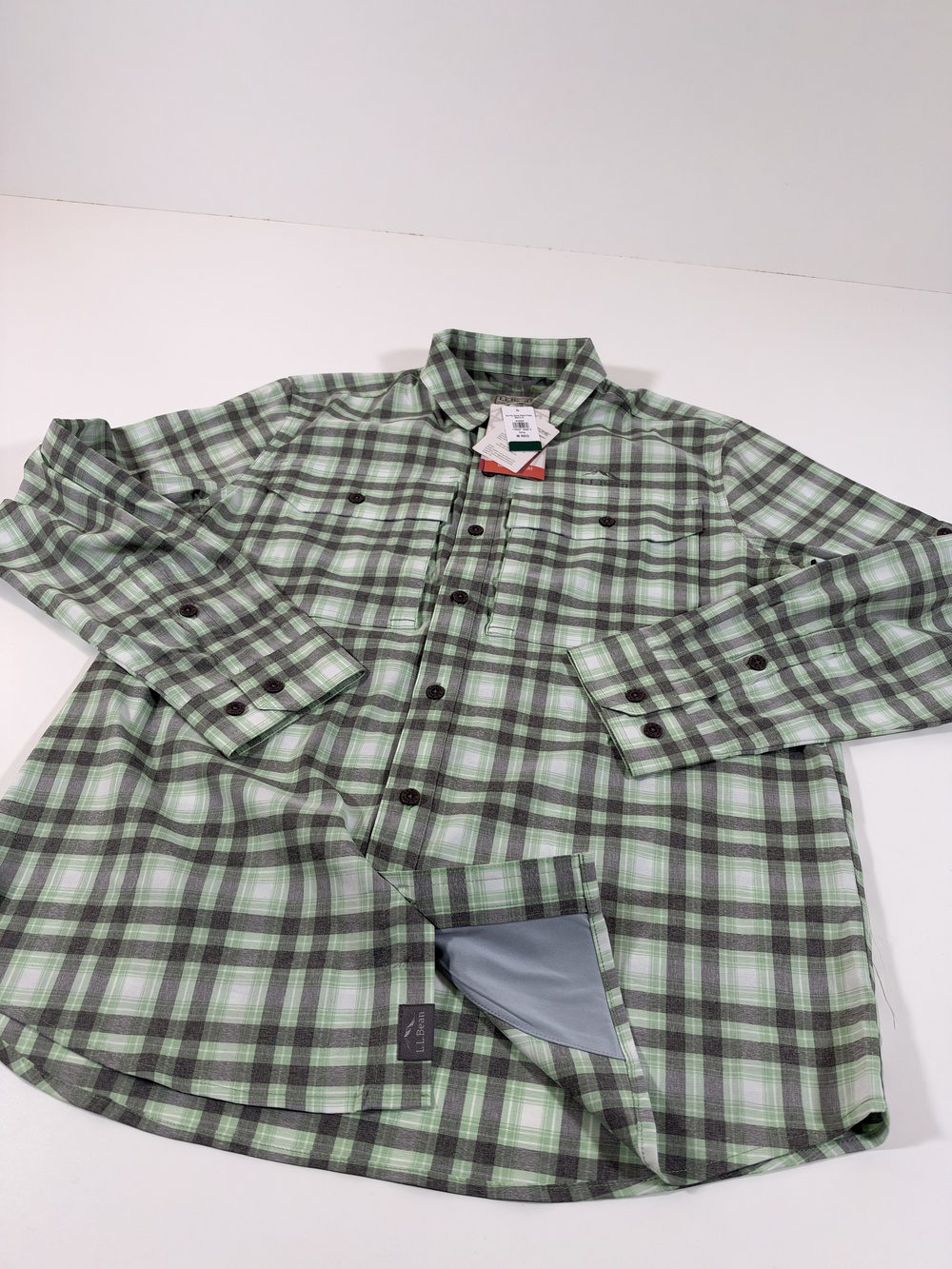 L.L. Bean Shirt Mens M Green Plaid No Fly Zone Long Sleeve Button Up Quick Dry